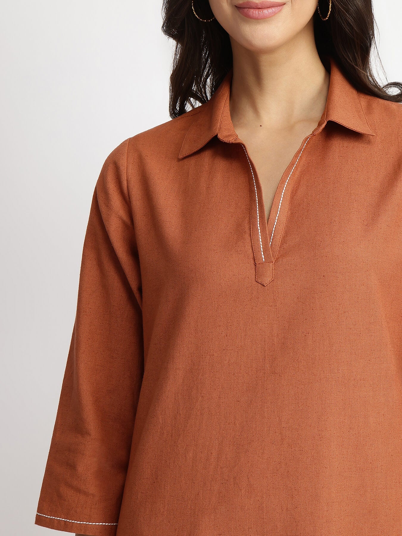 Linen Blend Solid Kurta Set - Rust