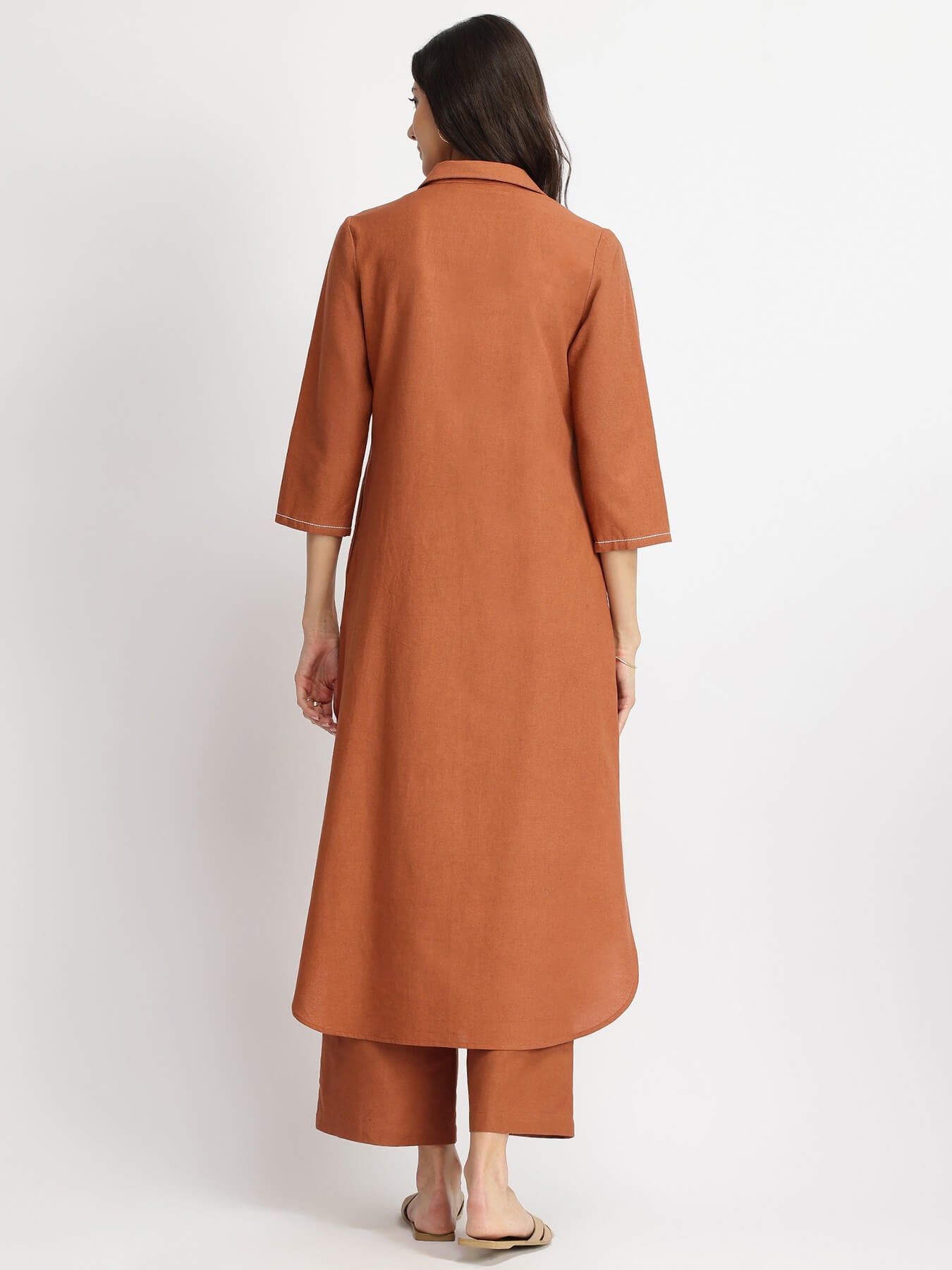 Linen Blend Solid Kurta Set - Rust