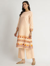 Cotton Geometric Print Kurta Set - Beige