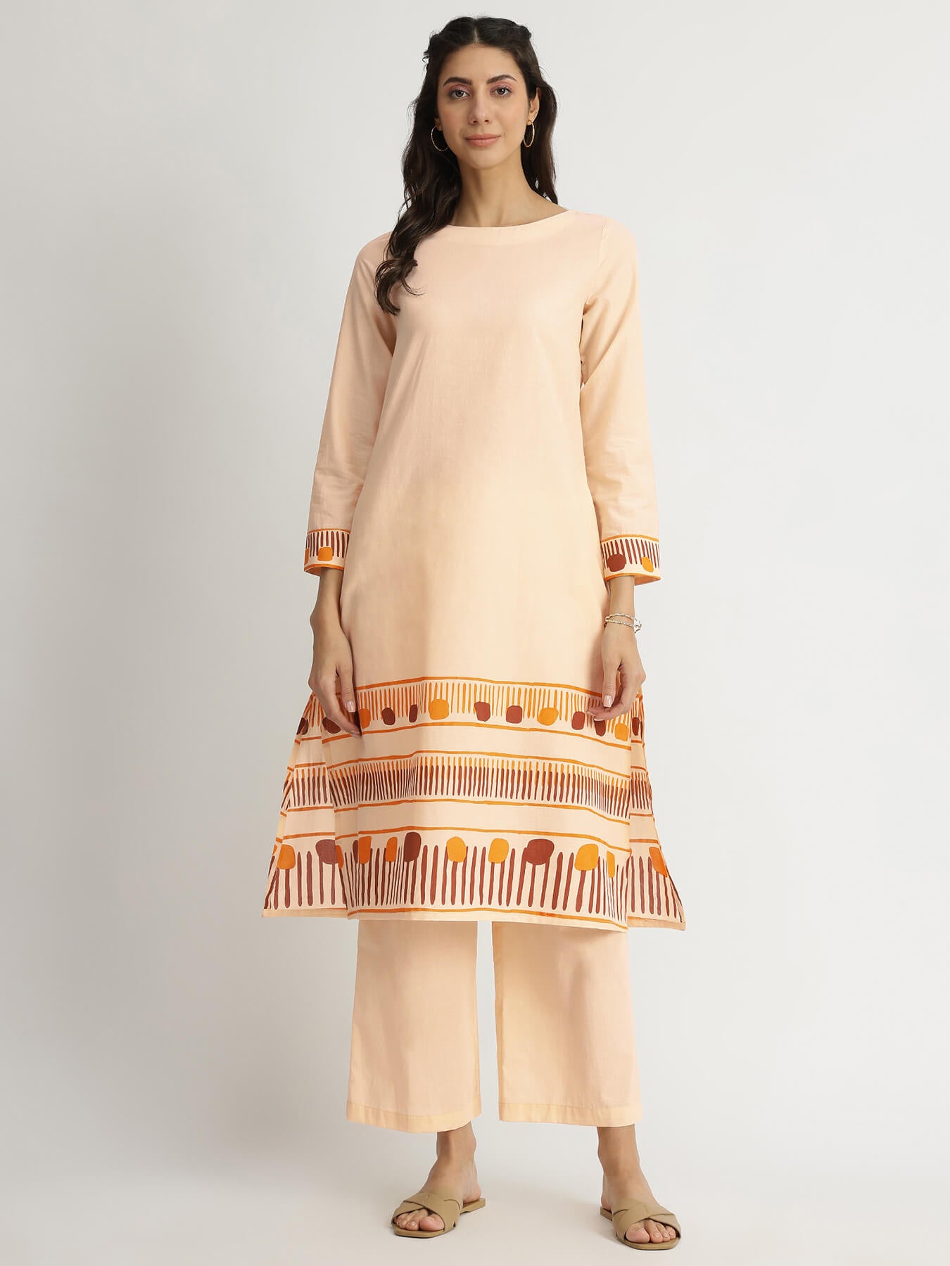 Cotton Geometric Print Kurta Set - Beige