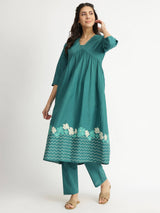 Cotton Floral Placement Print Kurta Set - Teal