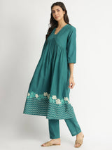 Cotton Floral Placement Print Kurta Set - Teal