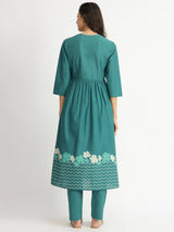 Cotton Floral Placement Print Kurta Set - Teal