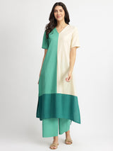 Linen Blend Colourblock A-Line Kurta Set - Teal & Off-White