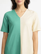 Linen Blend Colourblock A-Line Kurta Set - Teal & Off-White