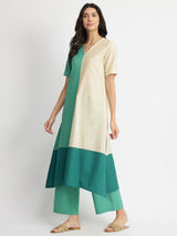 Linen Blend Colourblock A-Line Kurta Set - Teal & Off-White