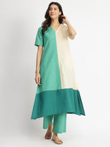 Linen Blend Colourblock A-Line Kurta Set - Teal & Off-White