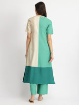 Linen Blend Colourblock A-Line Kurta Set - Teal & Off-White