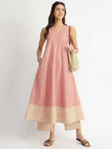Linen Blend Colourblock A-Line Kurta Set - Peach & Beige