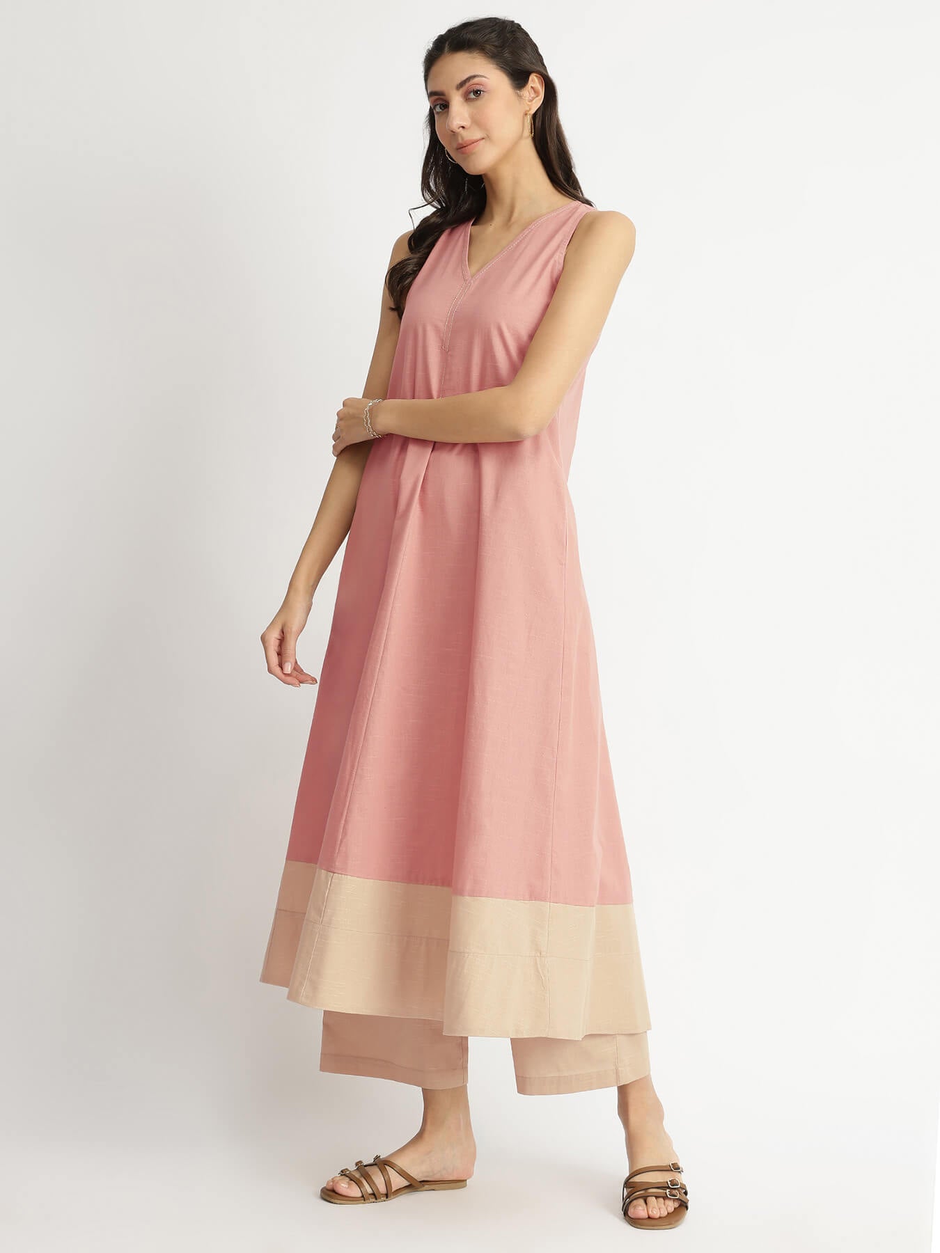 Linen Blend Colourblock A-Line Kurta Set - Peach & Beige
