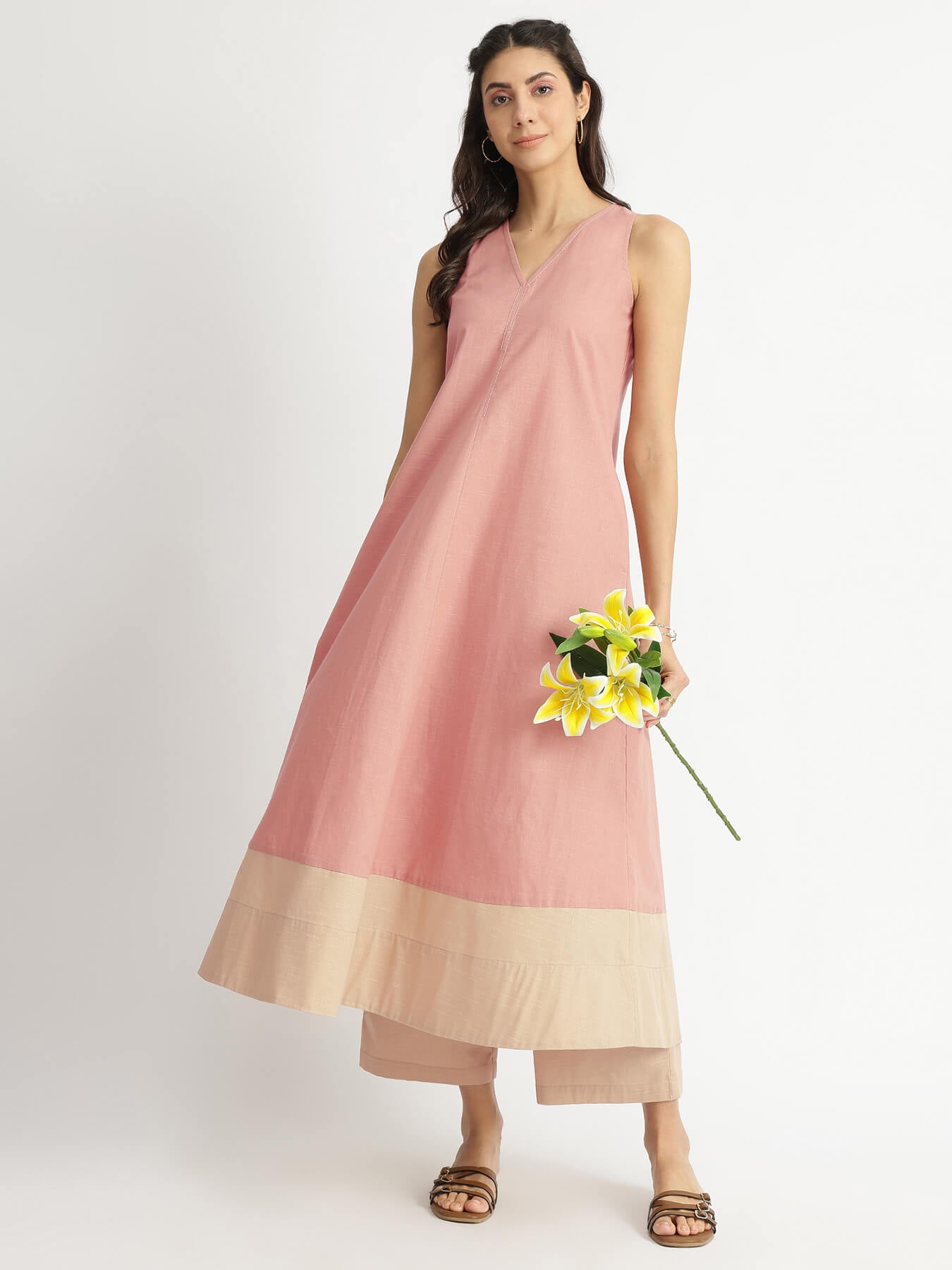 Linen Blend Colourblock A-Line Kurta Set - Peach & Beige