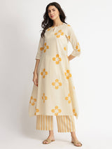 Cotton Floral Asymmetrical Kurta Set - Off-White & Yellow