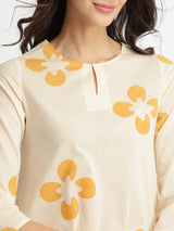 Cotton Floral Asymmetrical Kurta Set - Off-White & Yellow