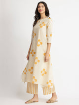Cotton Floral Asymmetrical Kurta Set - Off-White & Yellow