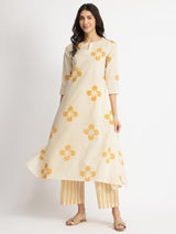 Cotton Floral Asymmetrical Kurta Set - Off-White & Yellow