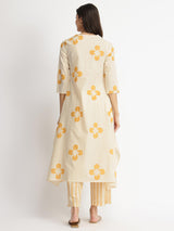 Cotton Floral Asymmetrical Kurta Set - Off-White & Yellow