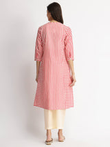 Cotton Stripe Play Kurta Set - Off-White & Pink
