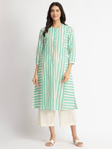 Cotton Stripe Play Kurta Set - Off-White & Aqua Blue