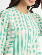 Cotton Stripe Play Kurta Set - Off-White & Aqua Blue