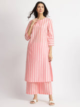 Cotton Striped A-Line Kurta Set - Pink