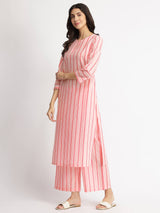 Cotton Striped A-Line Kurta Set - Pink