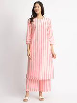 Cotton Striped A-Line Kurta Set - Pink