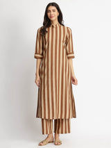 Cotton Striped A-Line Kurta Set - Brown & Beige