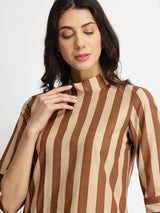 Cotton Striped A-Line Kurta Set - Brown & Beige