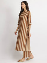 Cotton Striped A-Line Kurta Set - Brown & Beige