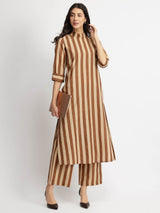 Cotton Striped A-Line Kurta Set - Brown & Beige