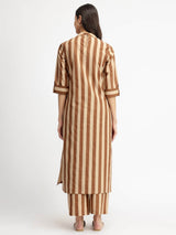 Cotton Striped A-Line Kurta Set - Brown & Beige