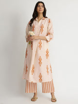 Cotton Ikat Geometric Print Kurta Set - Orange & Off-White