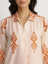 Cotton Ikat Geometric Print Kurta Set - Orange & Off-White