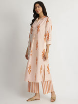Cotton Ikat Geometric Print Kurta Set - Orange & Off-White