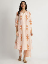 Cotton Ikat Geometric Print Kurta Set - Orange & Off-White