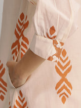 Cotton Ikat Geometric Print Kurta Set - Orange & Off-White