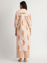 Cotton Ikat Geometric Print Kurta Set - Orange & Off-White