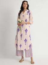 Cotton Ikat Geometric Print Kurta Set - Off-White & Purple