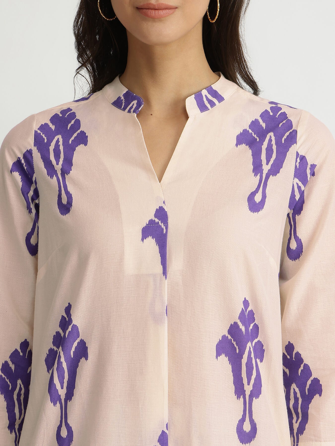 Cotton Ikat Geometric Print Kurta Set - Off-White & Purple