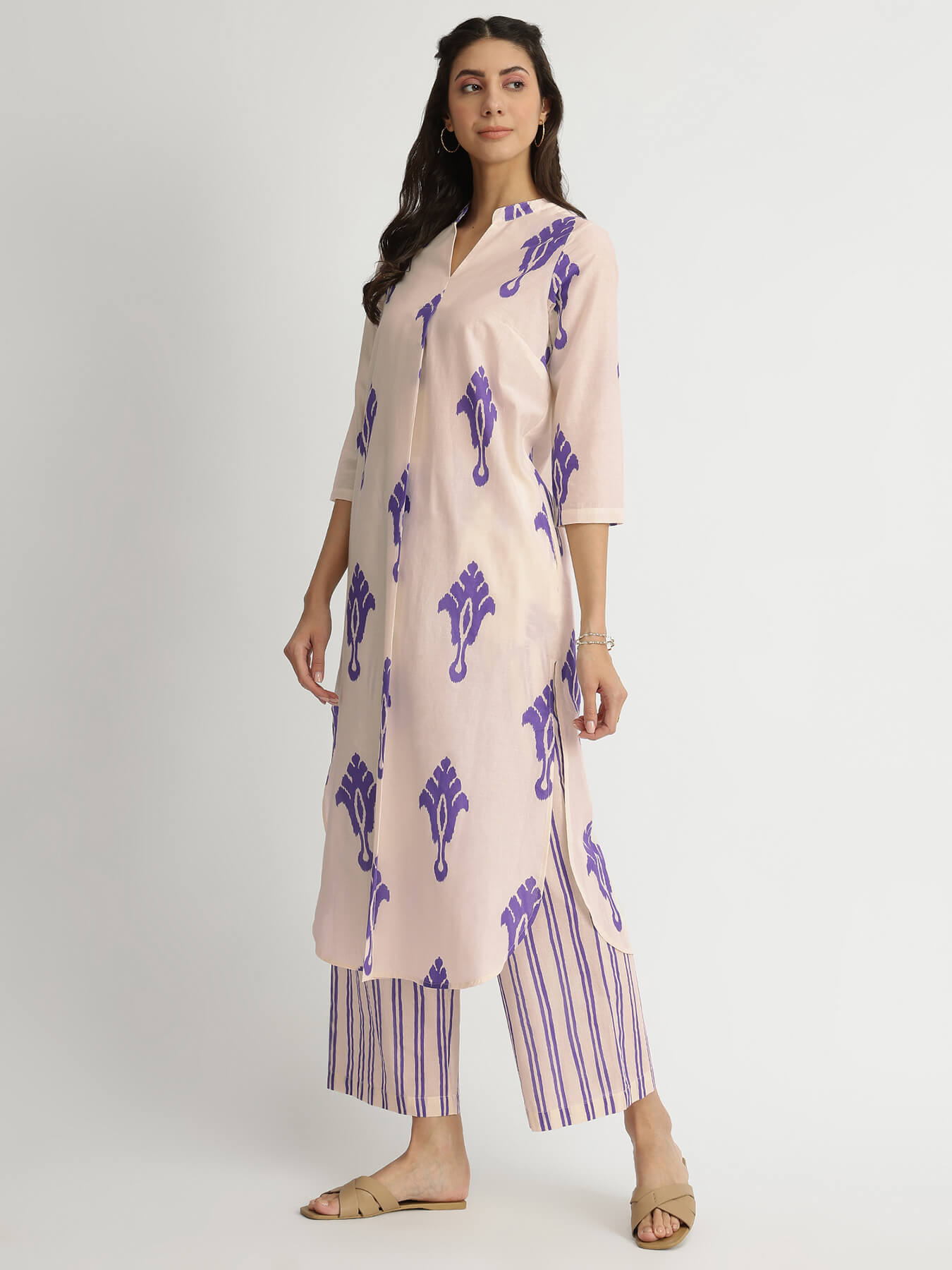 Cotton Ikat Geometric Print Kurta Set - Off-White & Purple