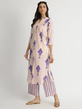 Cotton Ikat Geometric Print Kurta Set - Off-White & Purple