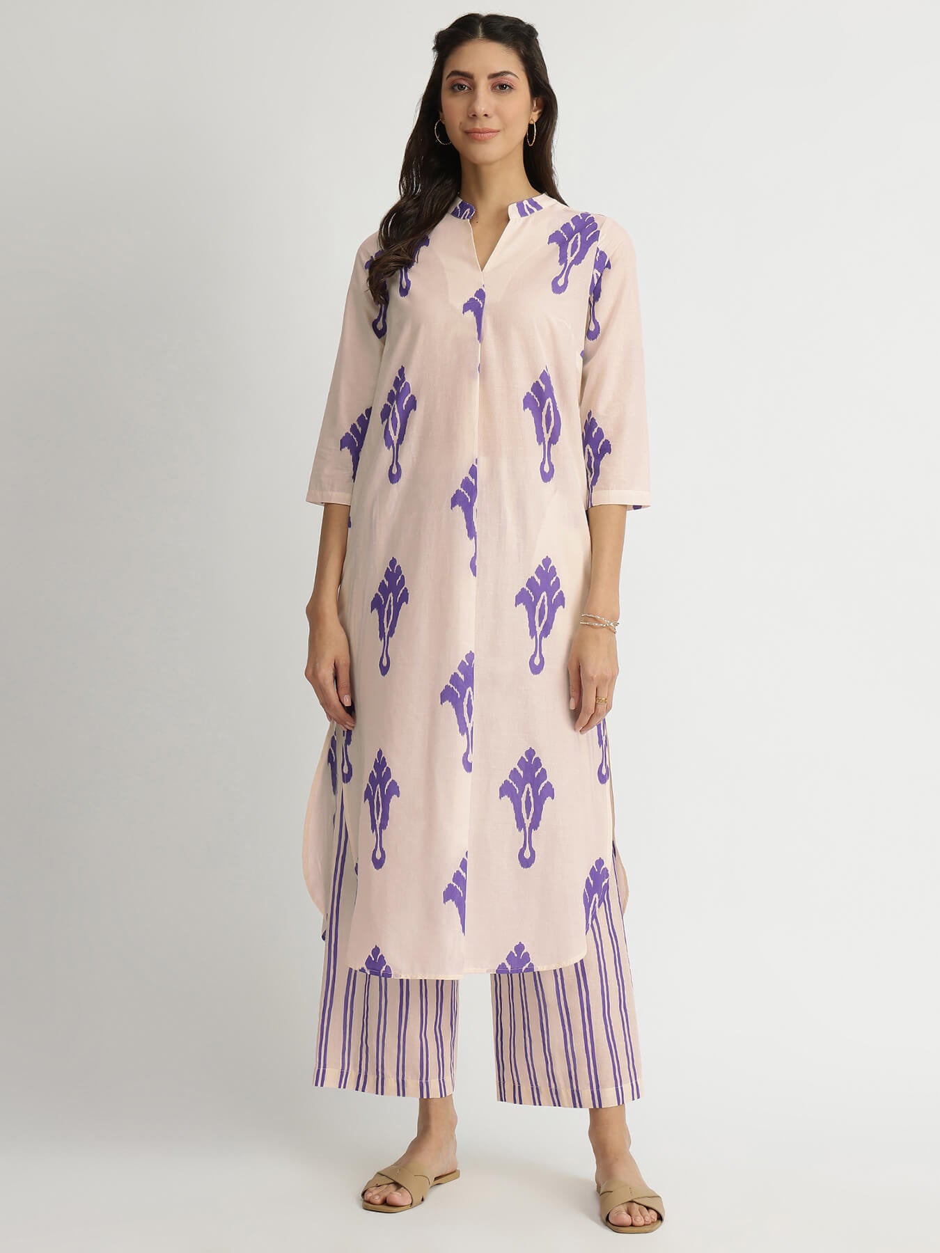 Cotton Ikat Geometric Print Kurta Set - Off-White & Purple