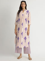 Cotton Ikat Geometric Print Kurta Set - Off-White & Purple