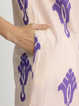 Cotton Ikat Geometric Print Kurta Set - Off-White & Purple