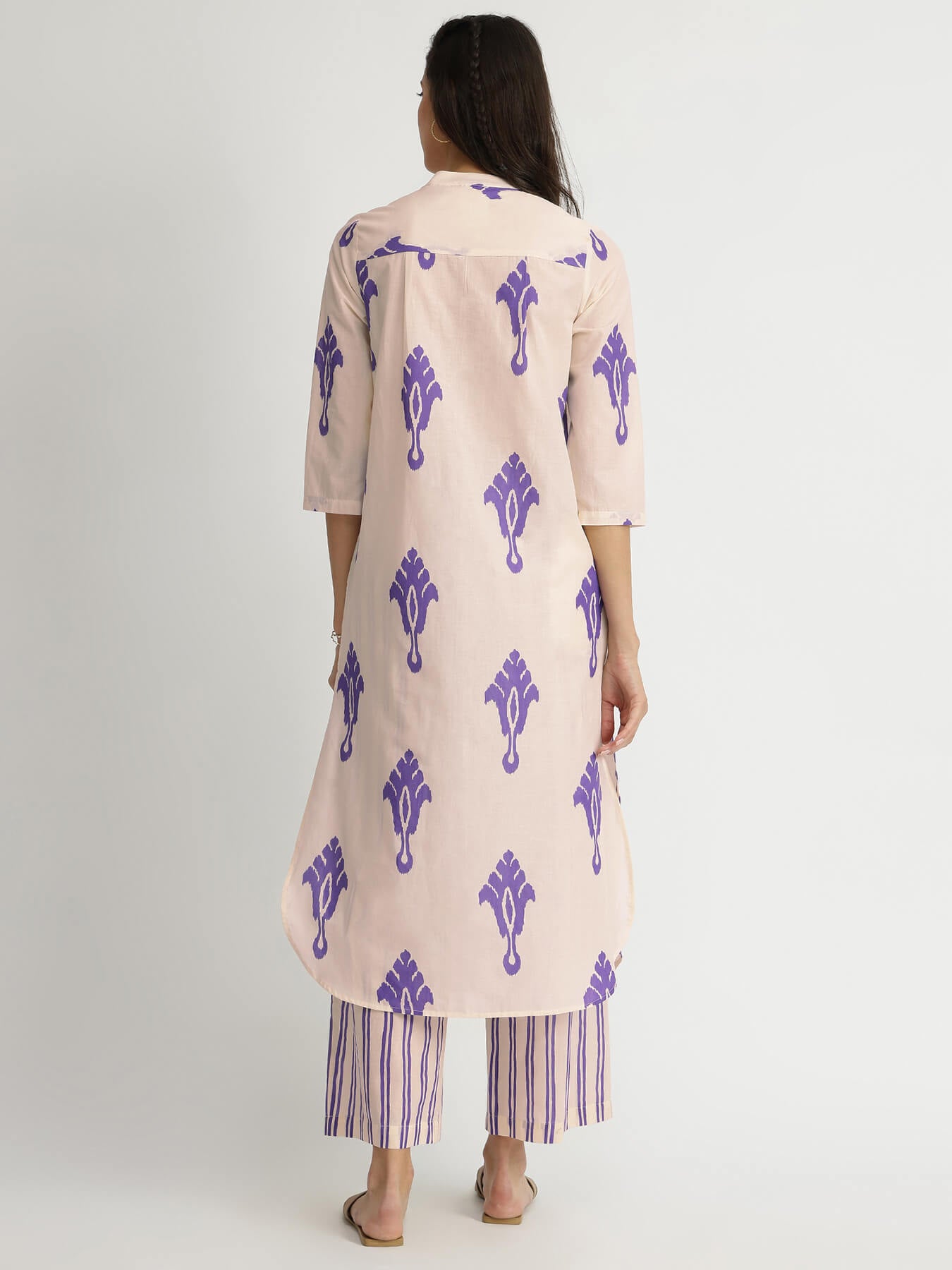Cotton Ikat Geometric Print Kurta Set - Off-White & Purple