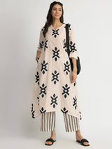 Cotton Ikat Geometric Print Kurta Set - Off-White & Black