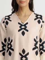 Cotton Ikat Geometric Print Kurta Set - Off-White & Black