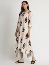 Cotton Ikat Geometric Print Kurta Set - Off-White & Black