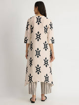 Cotton Ikat Geometric Print Kurta Set - Off-White & Black