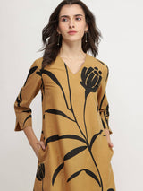 Cotton Floral Asymmetric Kurta Set - Beige & Black